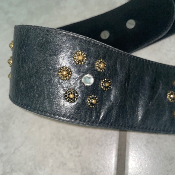 MIKKI G VINTAGE RARE Black Leather Custom-Cast Pewter Gold Swarovski Belt - Picture 3 of 11